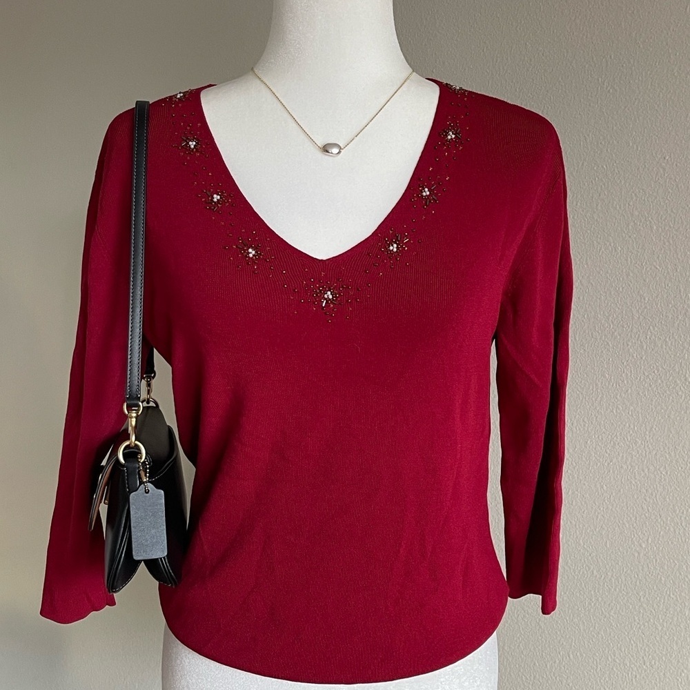 Dressbarn Red V-Neck Sweater with Embellishments Size M